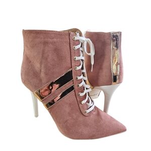 Qupid Pink Bootie Stiletto Heels Size 10 Gold Metallic Stripes Side Zip Lace Up